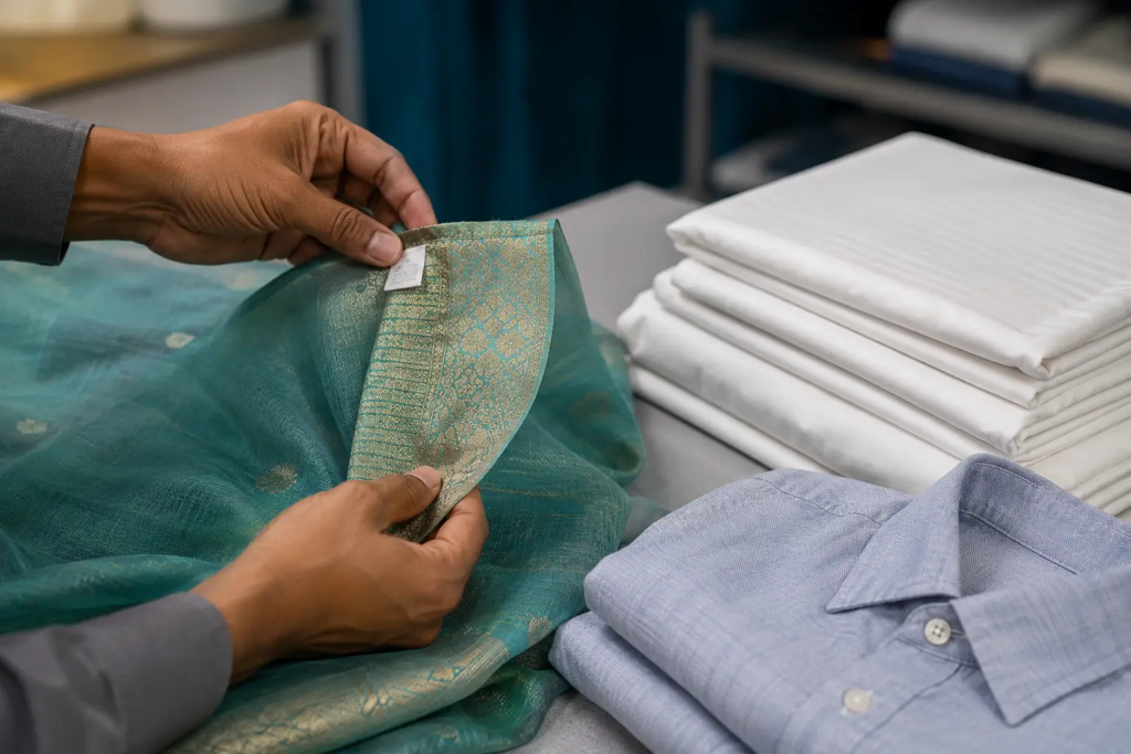 A saree being inspected beside freshly folded shirts and linen