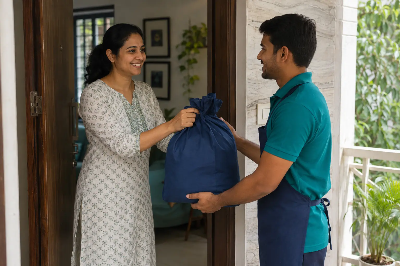 Illustrative scene of a household customer handing over a laundry bag for pickup