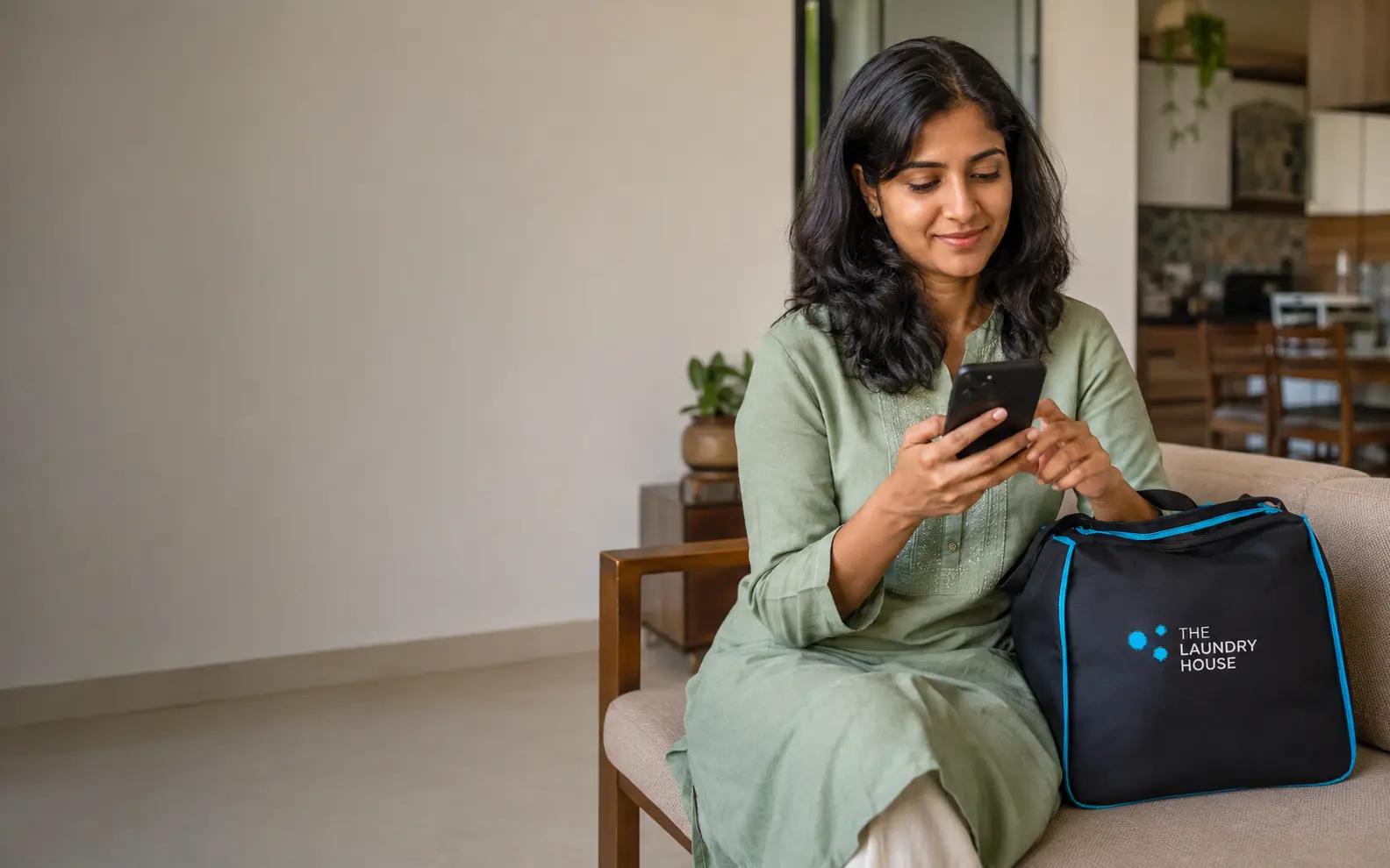 A person using a phone to prepare a laundry pickup request