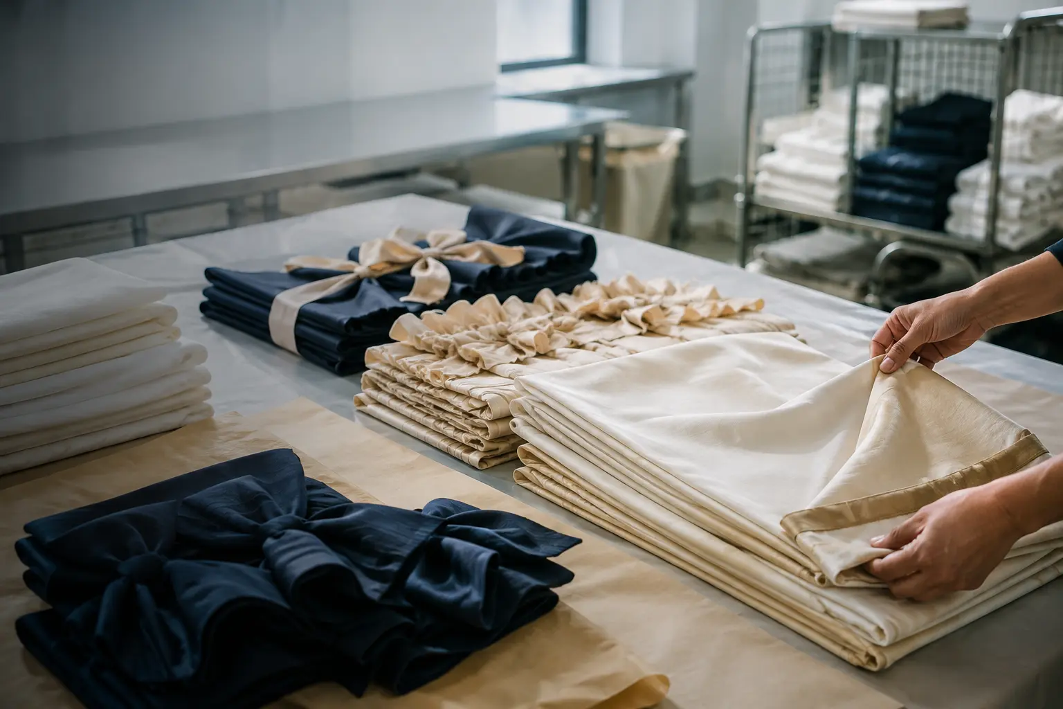 Clean event fabrics, chair covers and bows being inspected and folded for packing