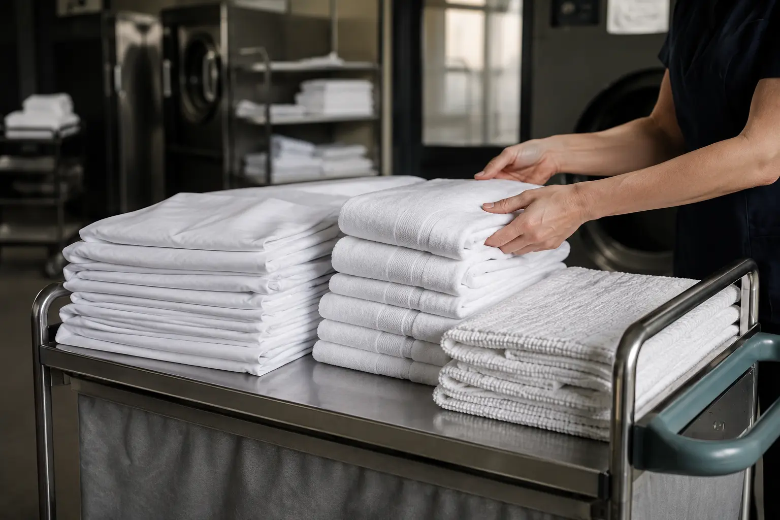 Illustrative arrangement of hospitality linen prepared for professional care