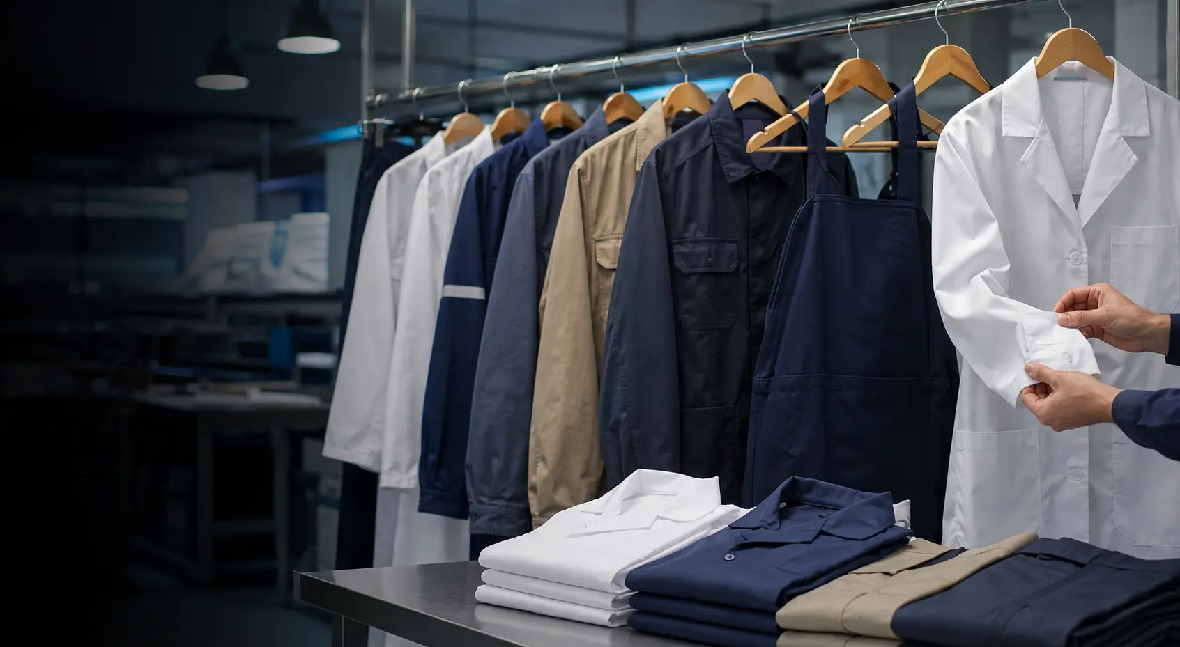Fresh uniforms arranged on a garment rail after pressing