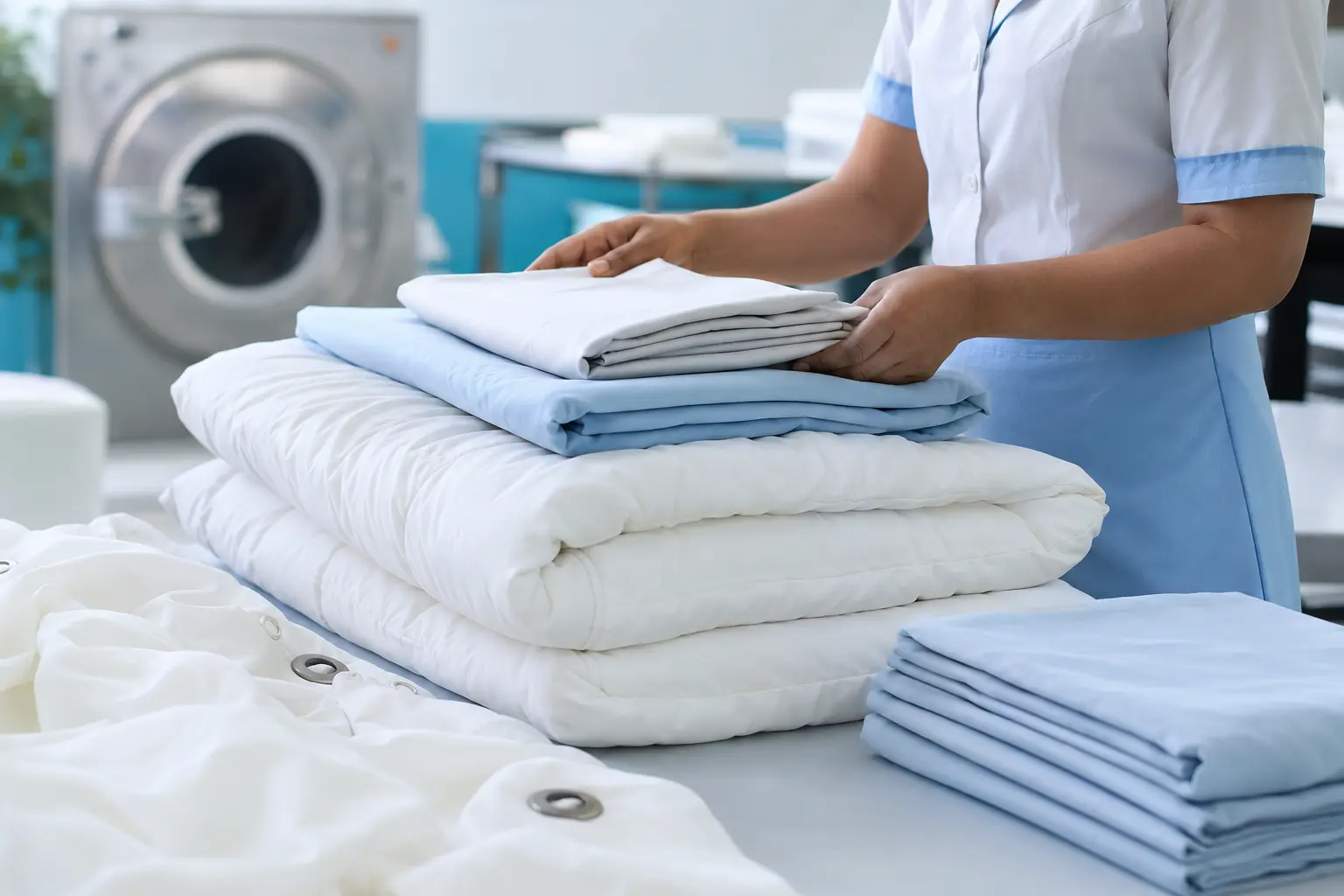 Bedding and curtain fabric folded after cleaning and drying
