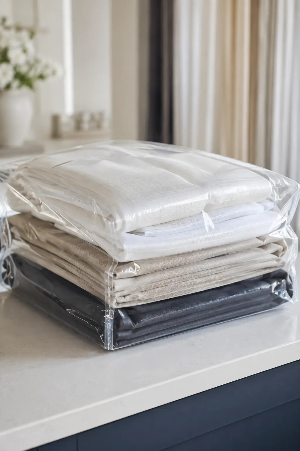Clean curtains folded and packed for return