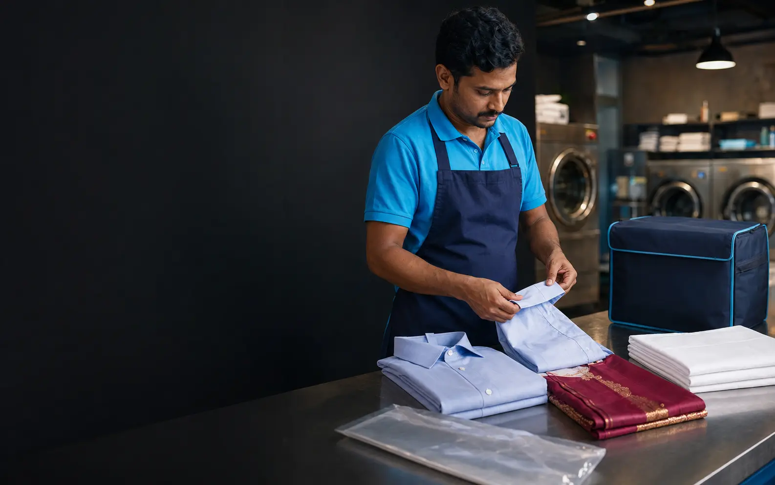 Fresh laundry being checked, folded and packed for return