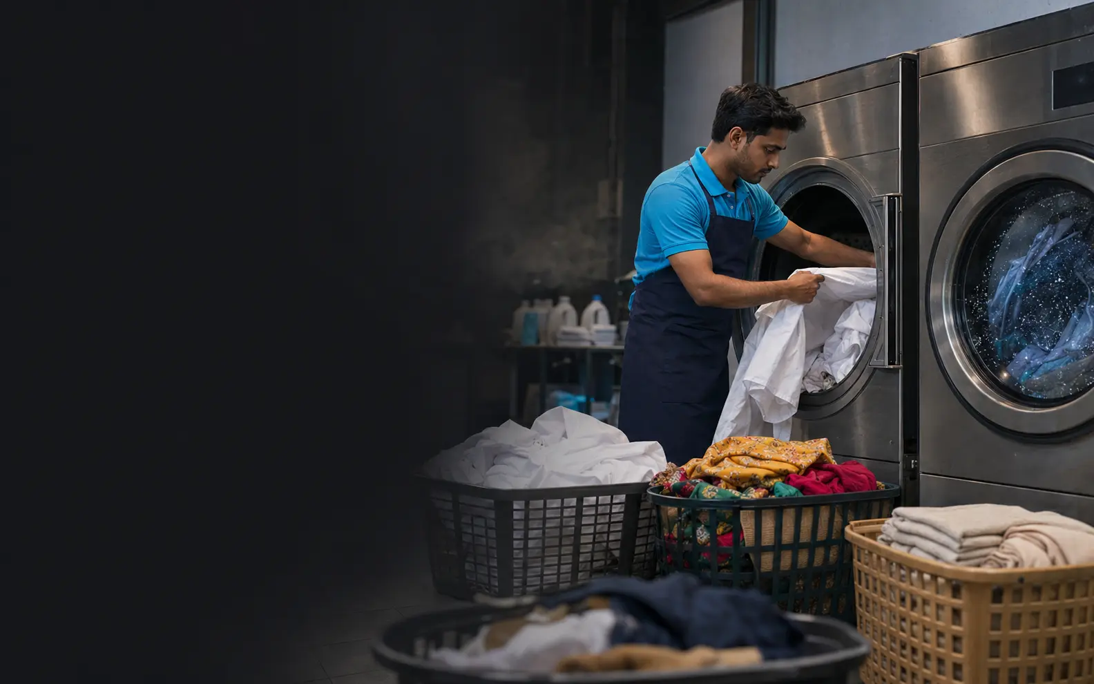 Sorted garments being loaded into front-loading laundry equipment